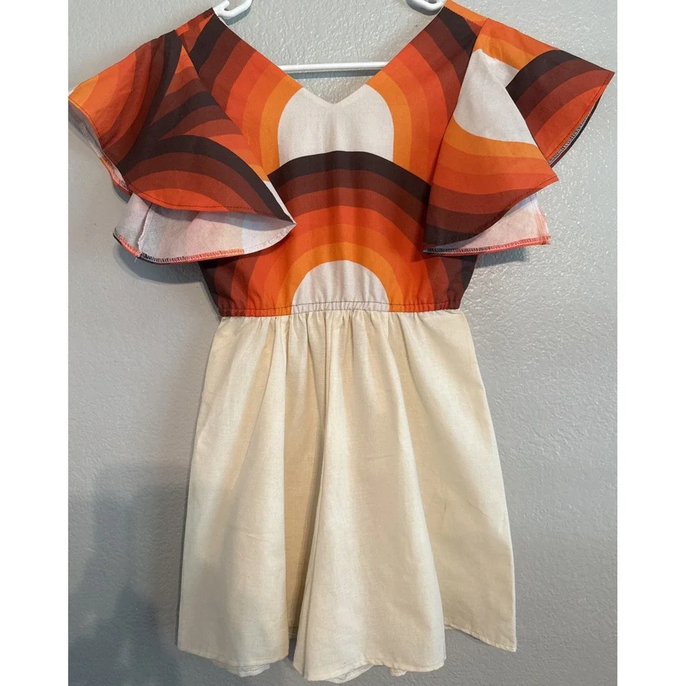 Lulu & Ren Retro 70s Striped Flutter Sleeve Romper Cream & Orange Girls Size 10